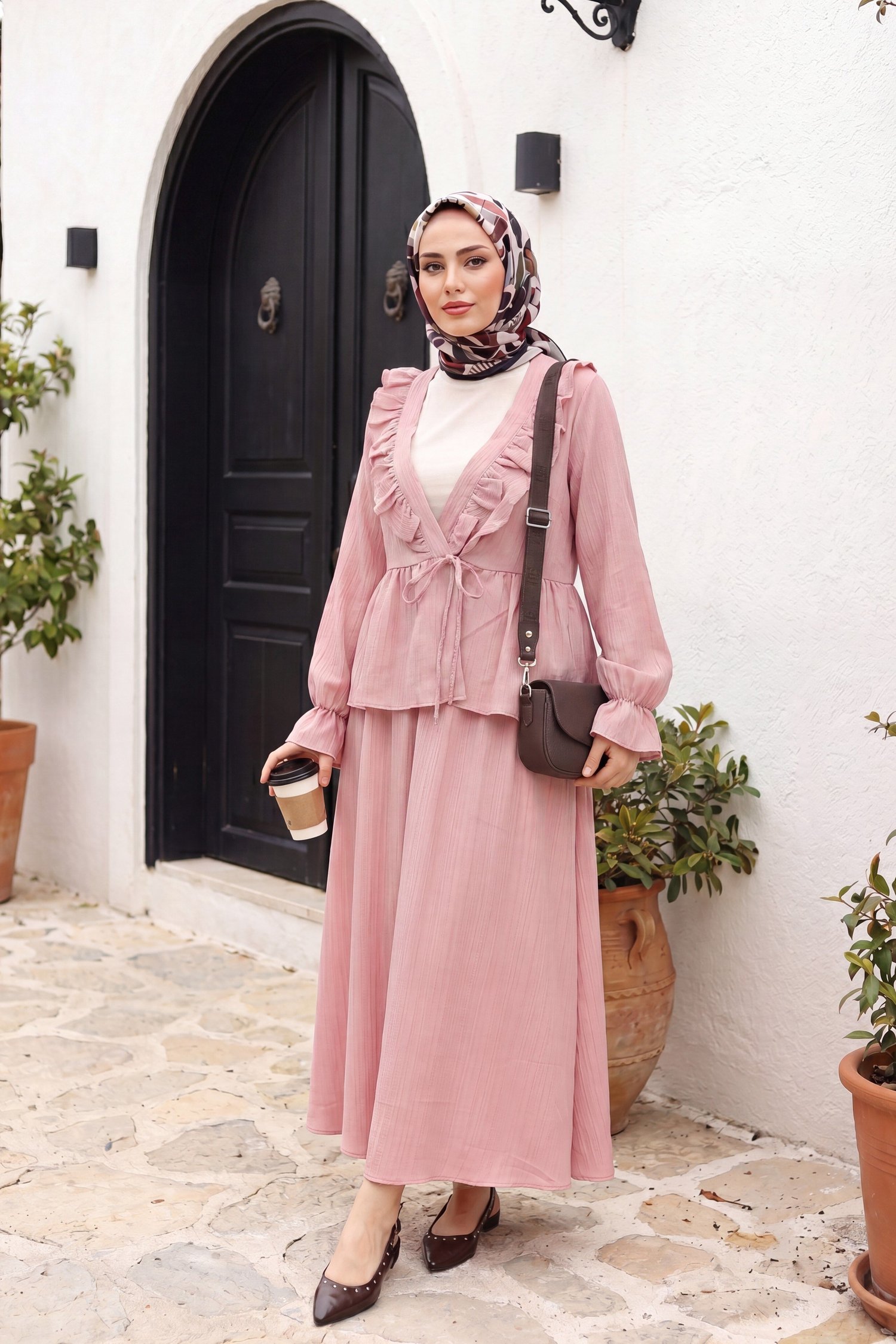Yakası Fırfırlı Önü Bağlamalı Etekli Kimono Takım   -Pembe