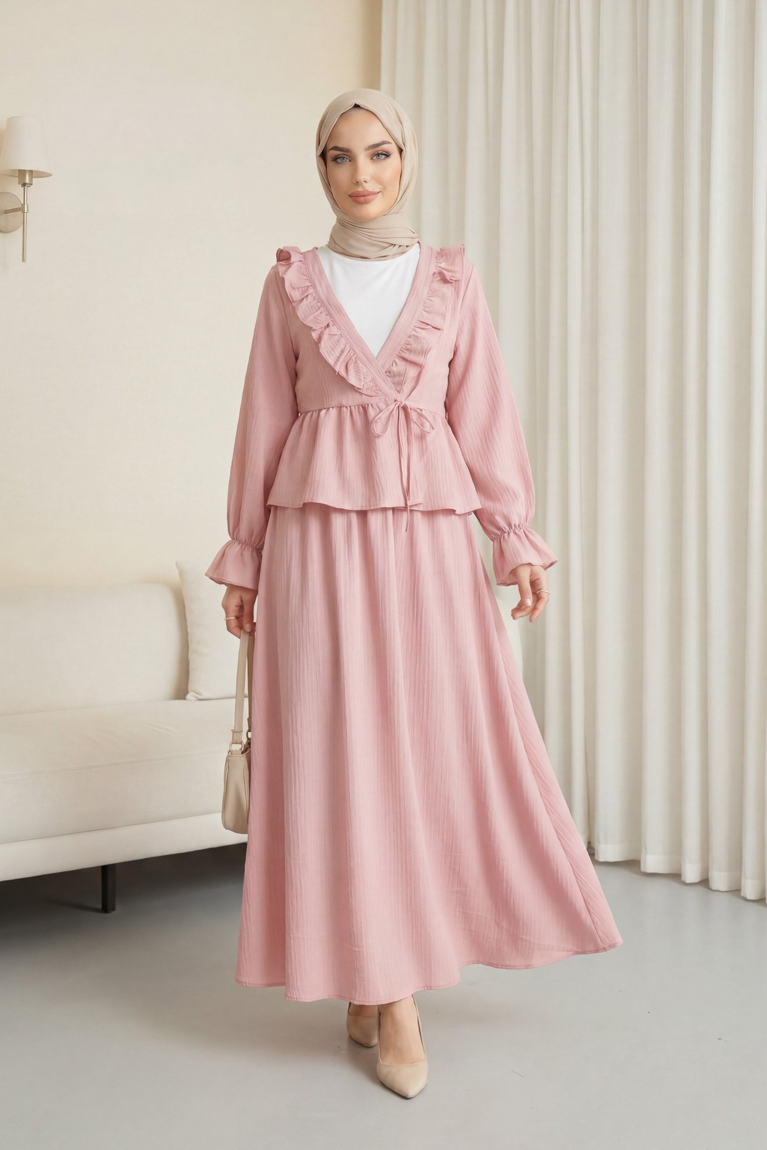 Yakası Fırfırlı Önü Bağlamalı Etekli Kimono Takım   -Pembe