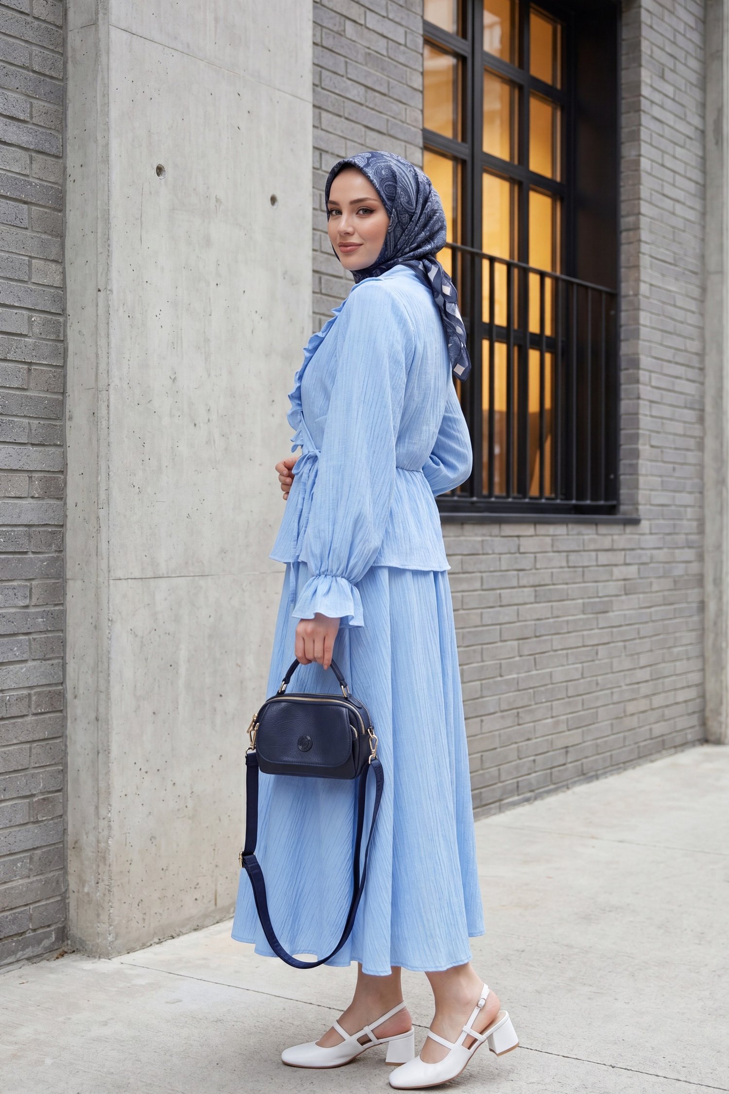 Yakası Fırfırlı Önü Bağlamalı Etekli Kimono Takım  -Bebe Mavi