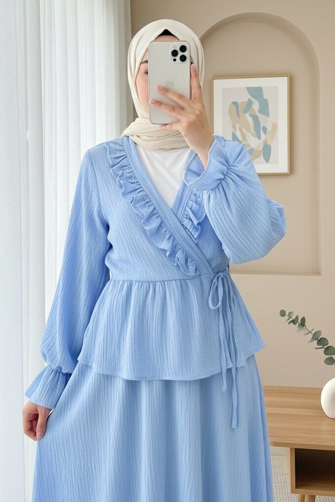 Yakası Fırfırlı Önü Bağlamalı Etekli Kimono Takım  -Bebe Mavi