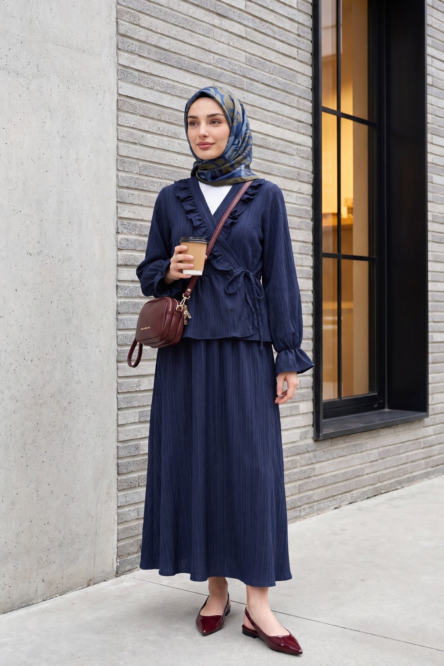 Yakası Fırfırlı Önü Bağlamalı Etekli Kimono Takım  -Laci