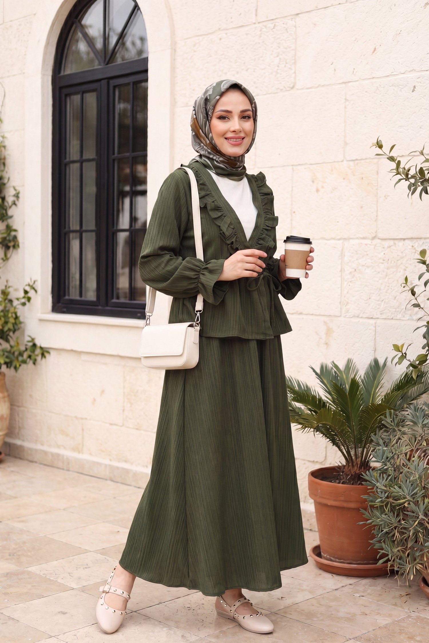 Yakası Fırfırlı Önü Bağlamalı Etekli Kimono Takım   -Haki