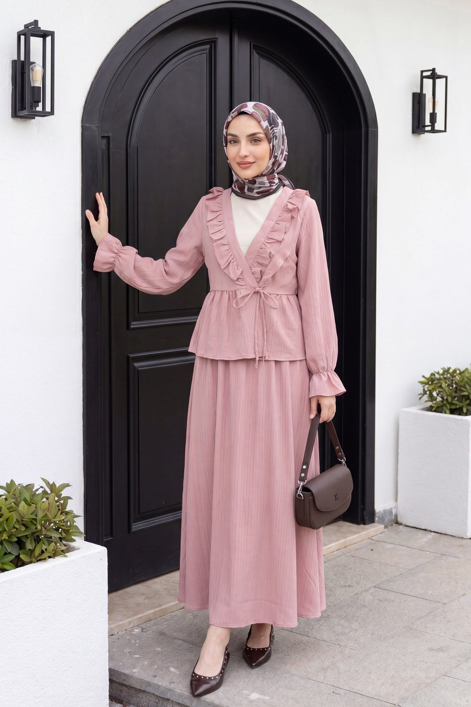 Yakası Fırfırlı Önü Bağlamalı Etekli Kimono Takım   -Pembe
