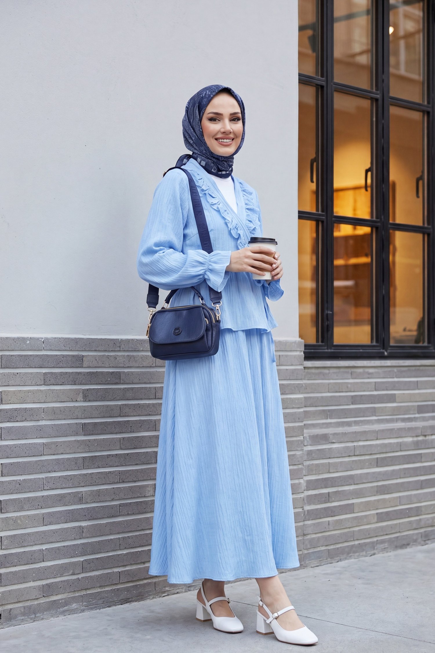 Yakası Fırfırlı Önü Bağlamalı Etekli Kimono Takım  -Bebe Mavi