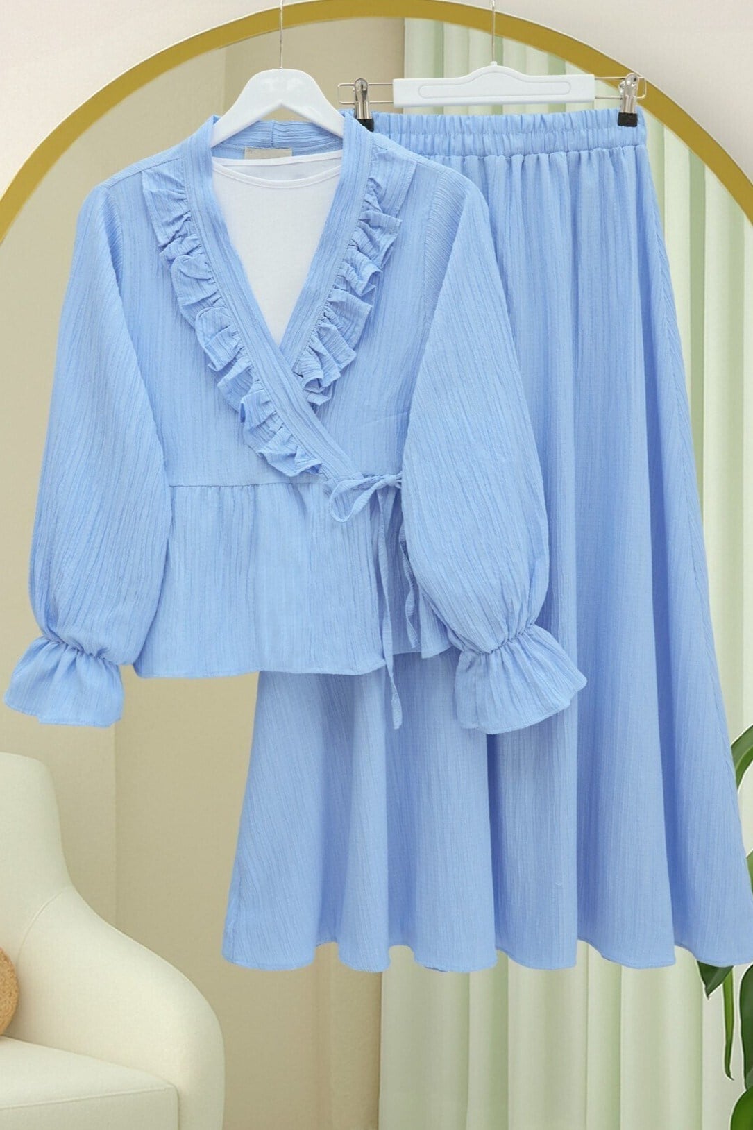 Yakası Fırfırlı Önü Bağlamalı Etekli Kimono Takım  -Bebe Mavi