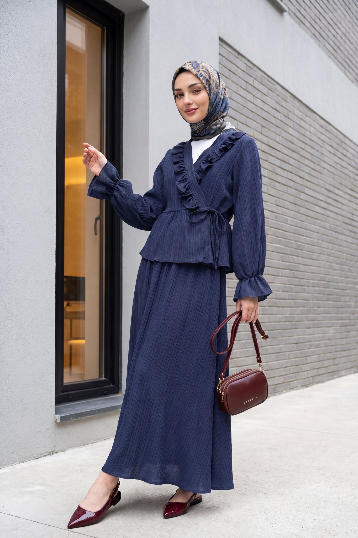 Yakası Fırfırlı Önü Bağlamalı Etekli Kimono Takım  -Laci