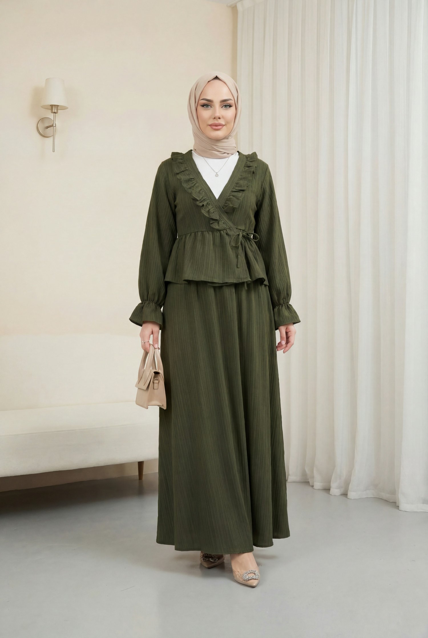 Yakası Fırfırlı Önü Bağlamalı Etekli Kimono Takım   -Haki