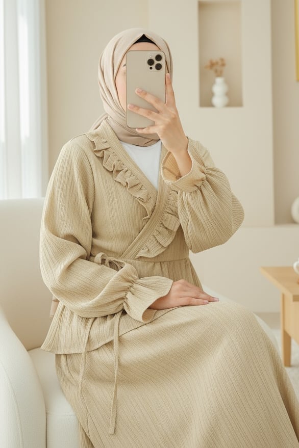 Yakası Fırfırlı Önü Bağlamalı Etekli Kimono Takım  -Açık Vizon
