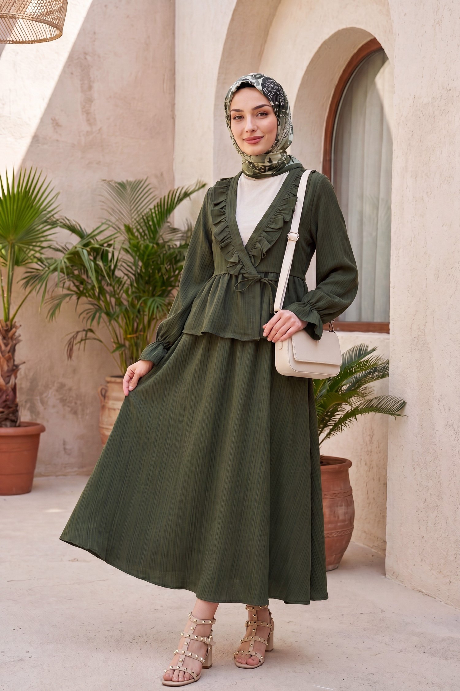Yakası Fırfırlı Önü Bağlamalı Etekli Kimono Takım   -Haki