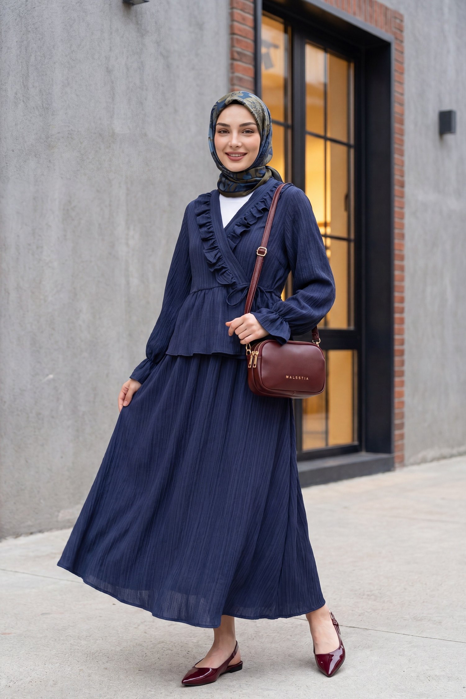 Yakası Fırfırlı Önü Bağlamalı Etekli Kimono Takım  -Laci