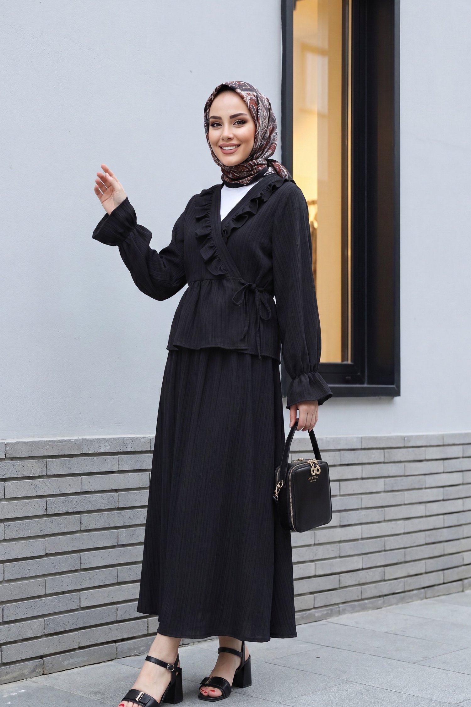 Yakası Fırfırlı Önü Bağlamalı Etekli Kimono Takım  -Siyah
