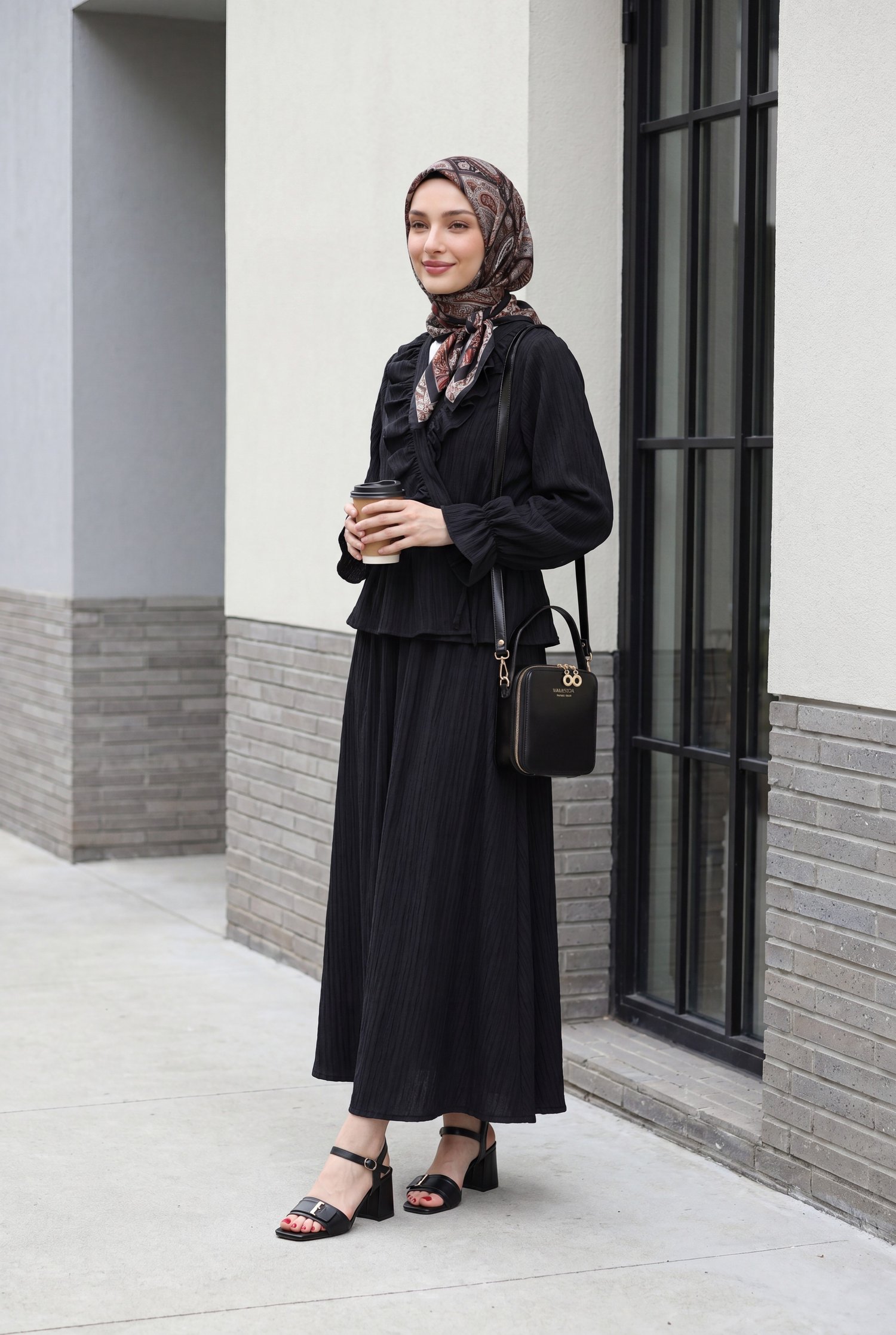 Yakası Fırfırlı Önü Bağlamalı Etekli Kimono Takım  -Siyah