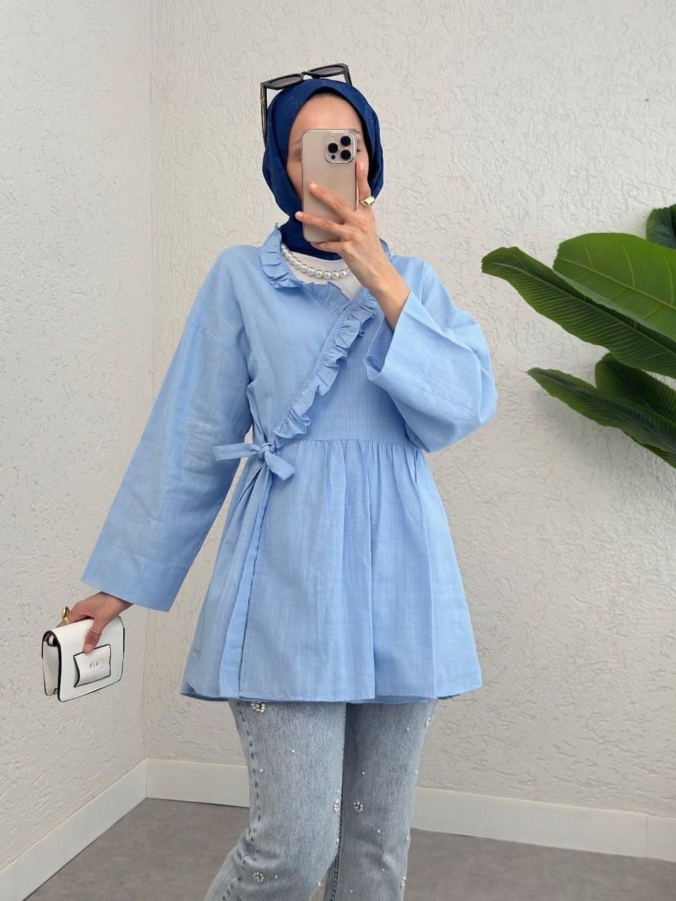 Yakası Fırfırlı Yandan Bağlamalı Keten Görünümlü Kimono  -Bebe Mavi