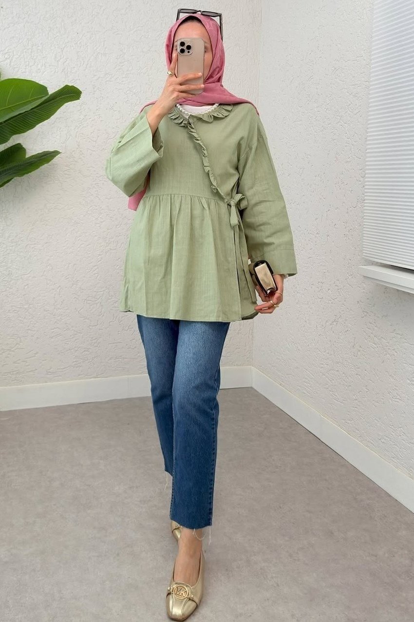 Yakası Fırfırlı Yandan Bağlamalı Keten Görünümlü Kimono  -Mint