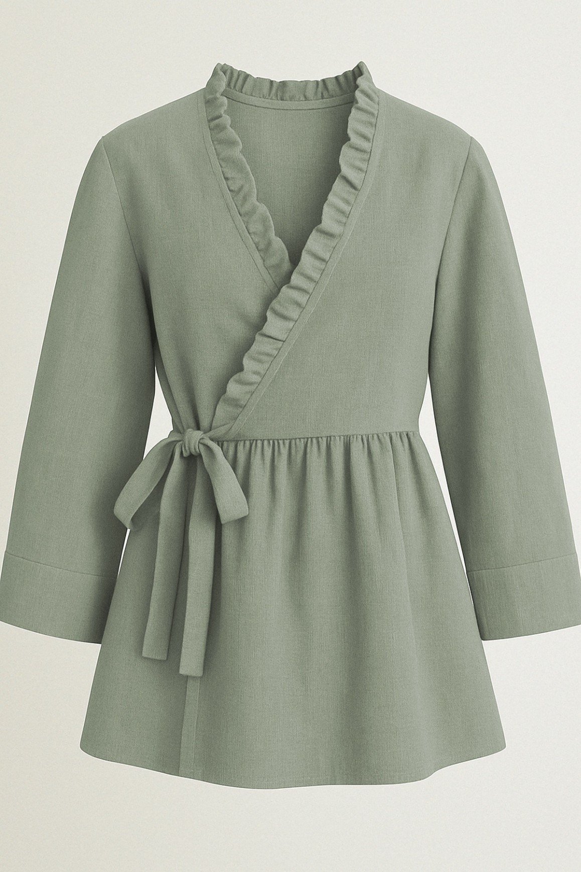 Yakası Fırfırlı Yandan Bağlamalı Keten Görünümlü Kimono  -Mint