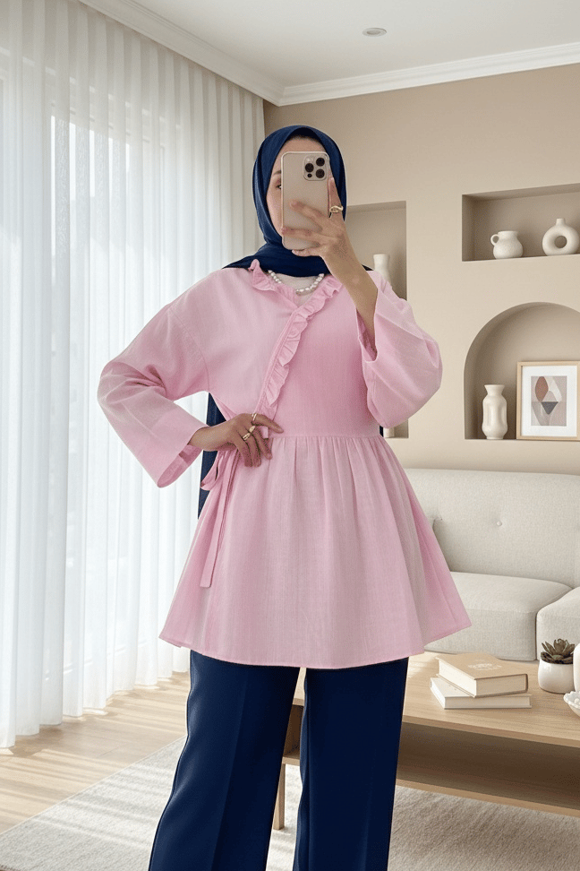 Yakası Fırfırlı Yandan Bağlamalı Keten Görünümlü Kimono  -Pembe
