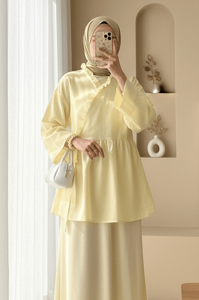 Yakası Fırfırlı Yandan Bağlamalı Keten Görünümlü Kimono   -Açık Sarı