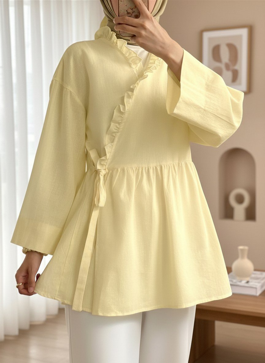 Yakası Fırfırlı Yandan Bağlamalı Keten Görünümlü Kimono   -Açık Sarı