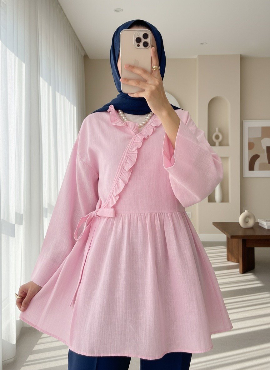 Yakası Fırfırlı Yandan Bağlamalı Keten Görünümlü Kimono  -Pembe