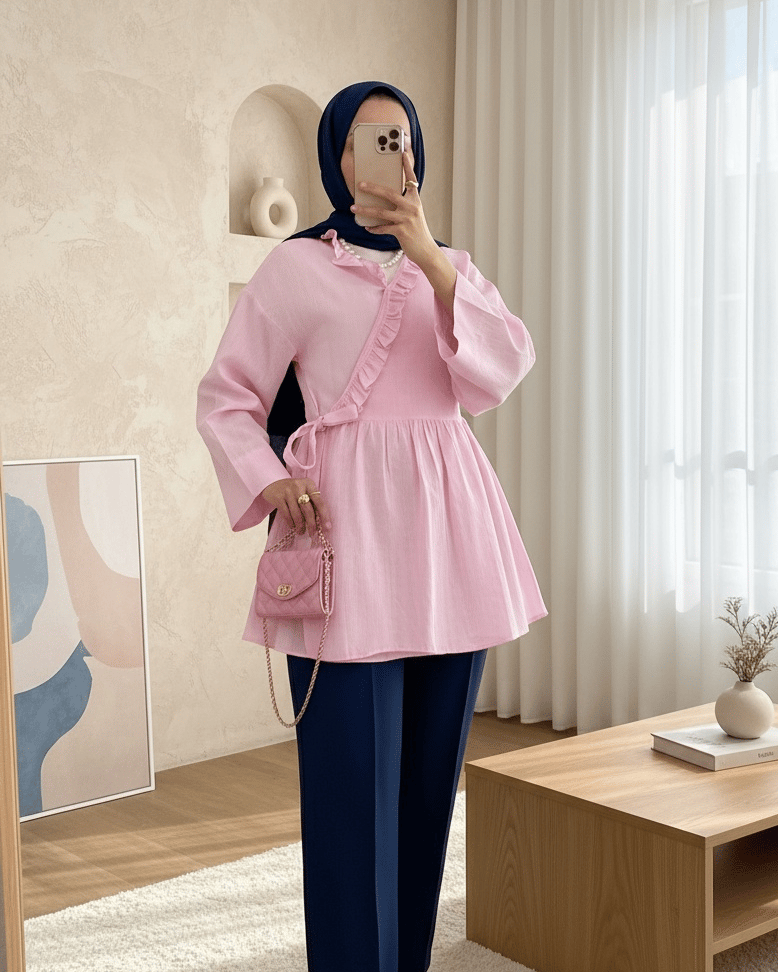 Yakası Fırfırlı Yandan Bağlamalı Keten Görünümlü Kimono  -Pembe