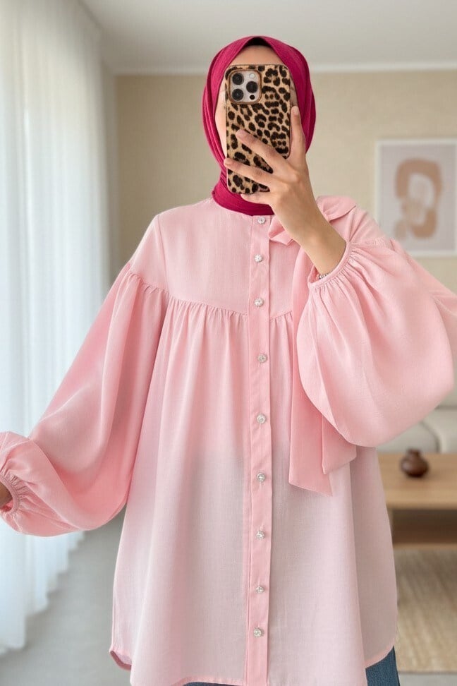 Yakası Fiyonk Detaylı Kolu Lastikli Düğmeli Keten Görünümlü Tunik -Pembe