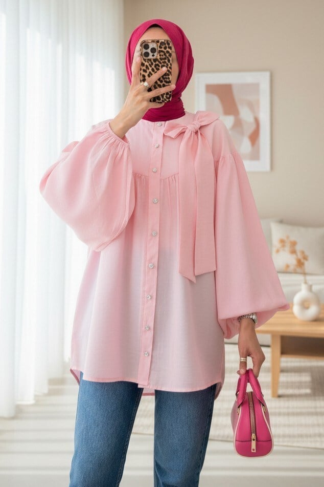 Yakası Fiyonk Detaylı Kolu Lastikli Düğmeli Keten Görünümlü Tunik -Pembe