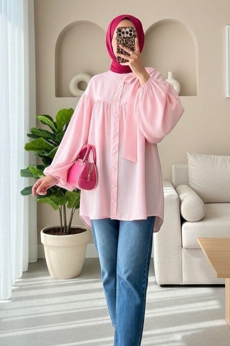 Yakası Fiyonk Detaylı Kolu Lastikli Düğmeli Keten Görünümlü Tunik -Pembe