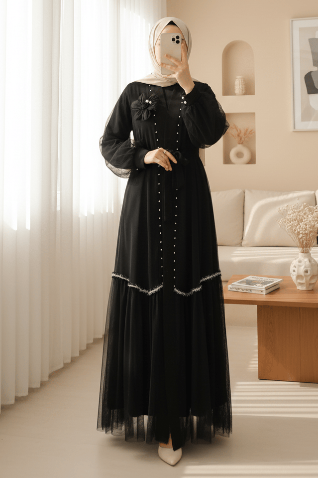 Yakası Gül Detaylı İncili Eteği Şeritli  İkili Abaya  Takım  -Siyah