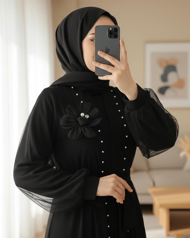 Yakası Gül Detaylı İncili Eteği Şeritli  İkili Abaya  Takım  -Siyah