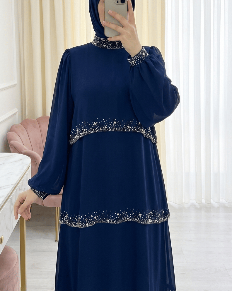 Yakası Kolu Ve Katları Taş Detaylı Katlı Şifon Elbise -Lacivert