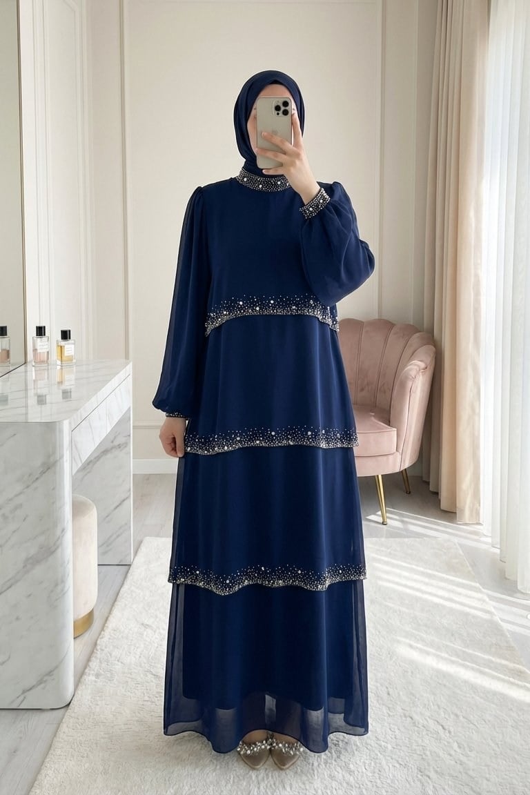 Yakası Kolu Ve Katları Taş Detaylı Katlı Şifon Elbise -Lacivert