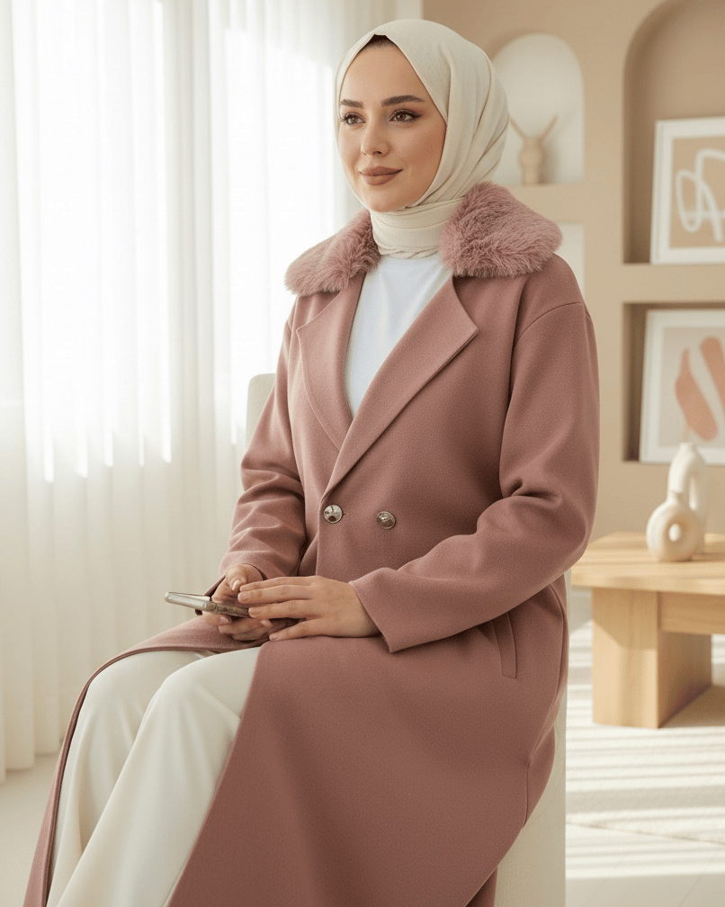 Yakası Kürklü Çift Düğmeli Uzun Triko Hırka -G.Kurusu