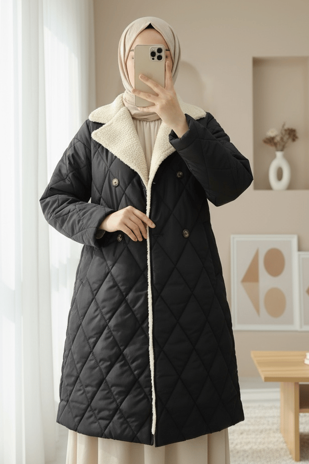 Yakası Kuzu Peluş Detaylı Detaylı Beli Bağcıklı Mont  -Siyah