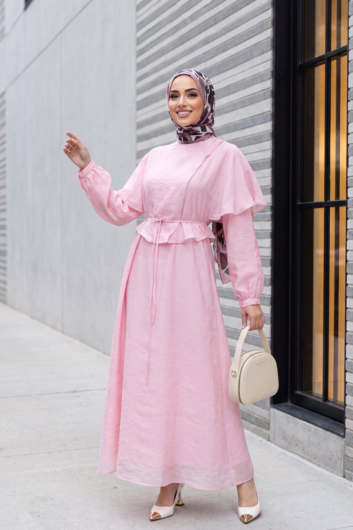Yakası Pelerin Detaylı Astarlı Kemerli Tül Modal Elbise -Pembe