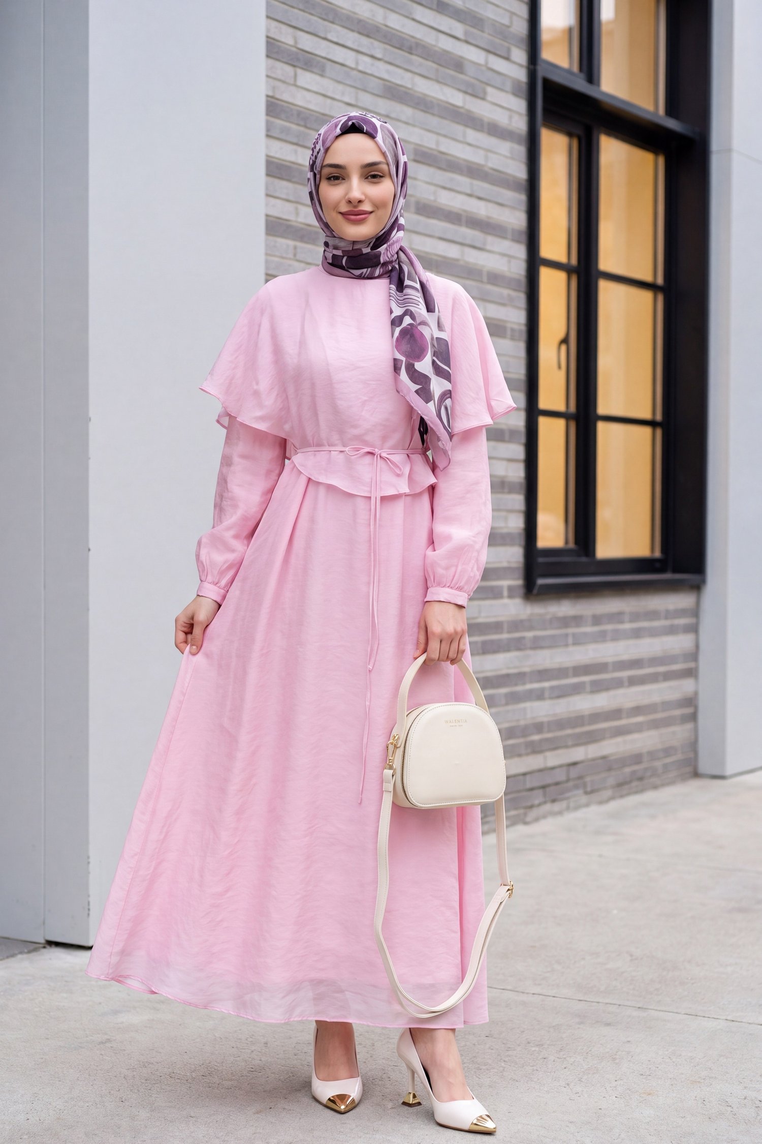 Yakası Pelerin Detaylı Astarlı Kemerli Tül Modal Elbise -Pembe