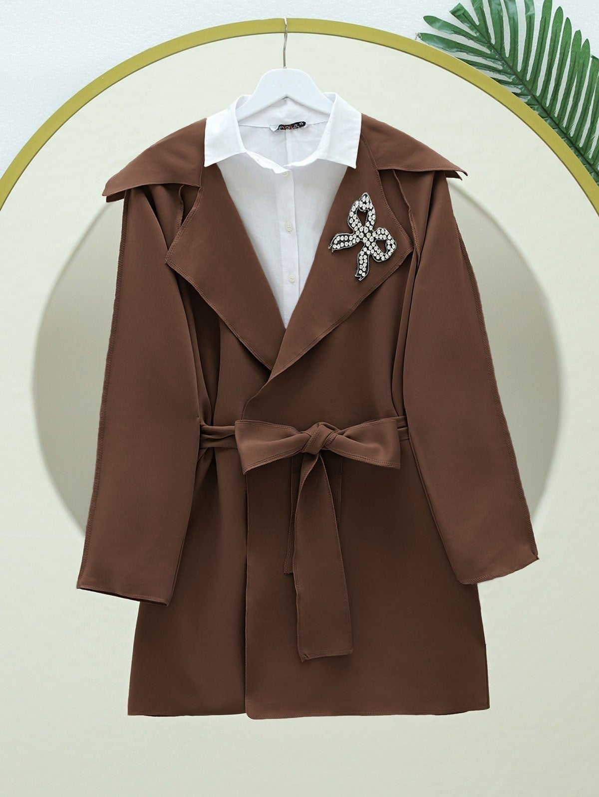Yakası Taş Armalı Kemerli Scuba Kimono -Kahve