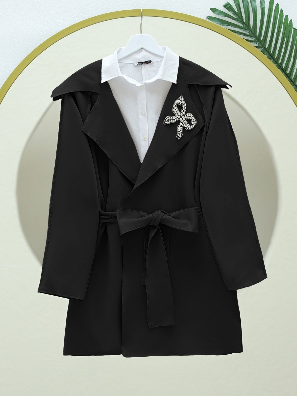 Yakası Taş Armalı Kemerli Scuba Kimono -Siyah