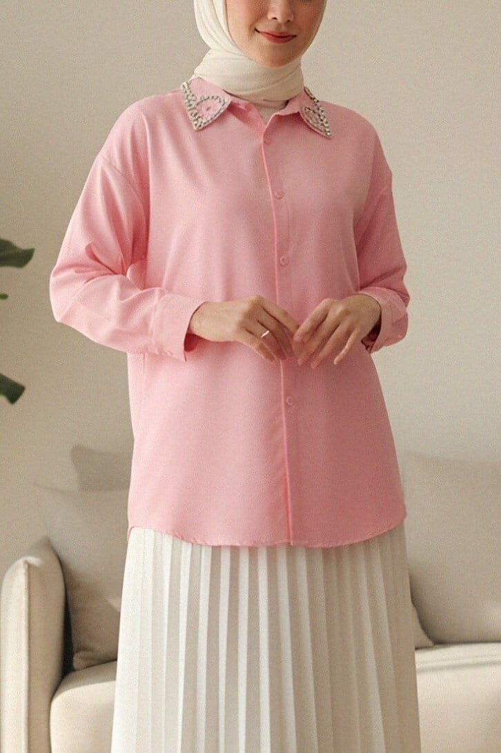 Yakası Taş Detaylı Düğmeli Salaş Gömlek -Pembe
