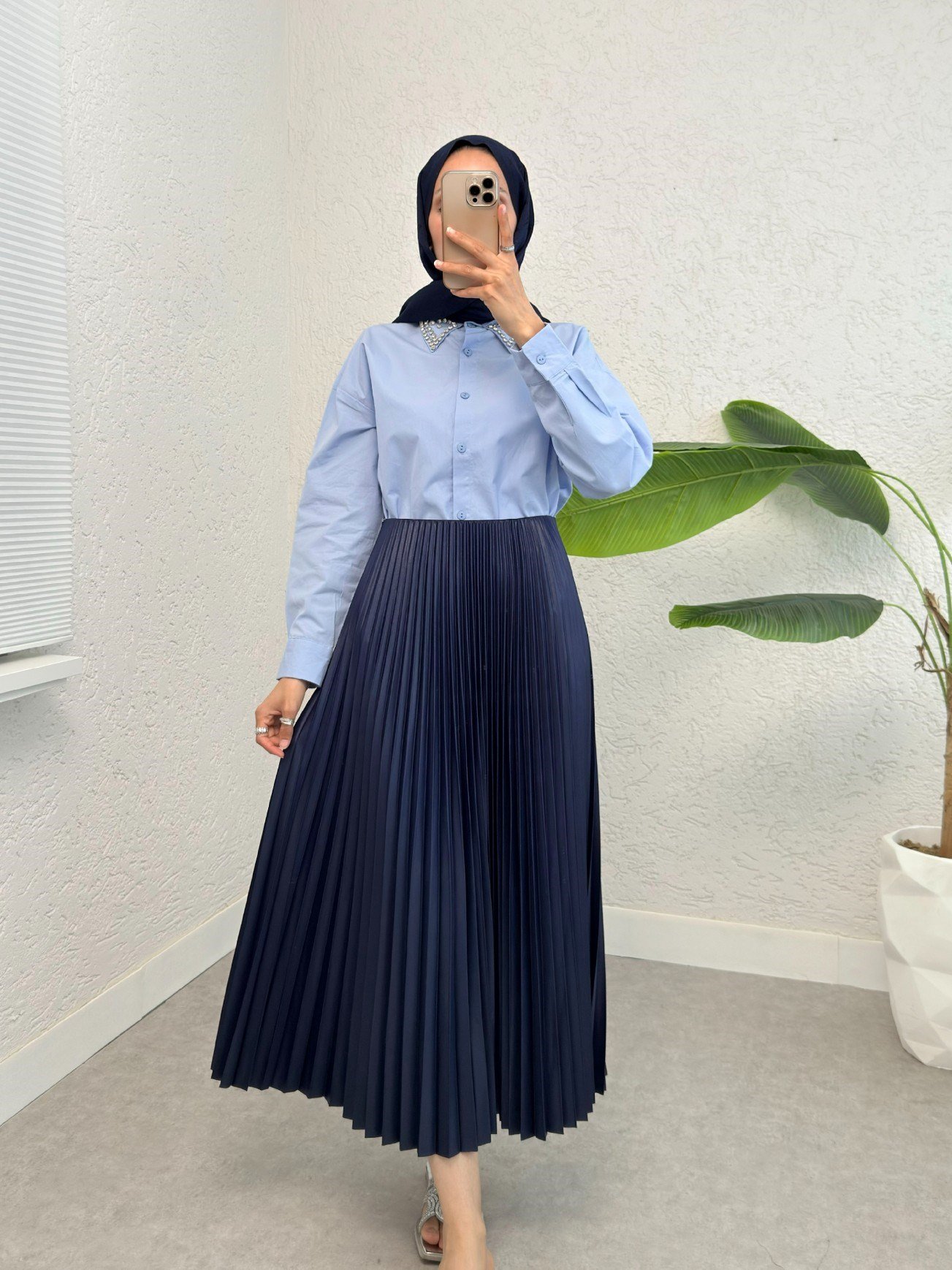 Yakası Taş Detaylı Düğmeli Salaş Gömlek -Bebe Mavi