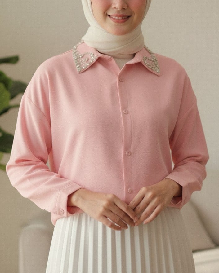 Yakası Taş Detaylı Düğmeli Salaş Gömlek -Pembe