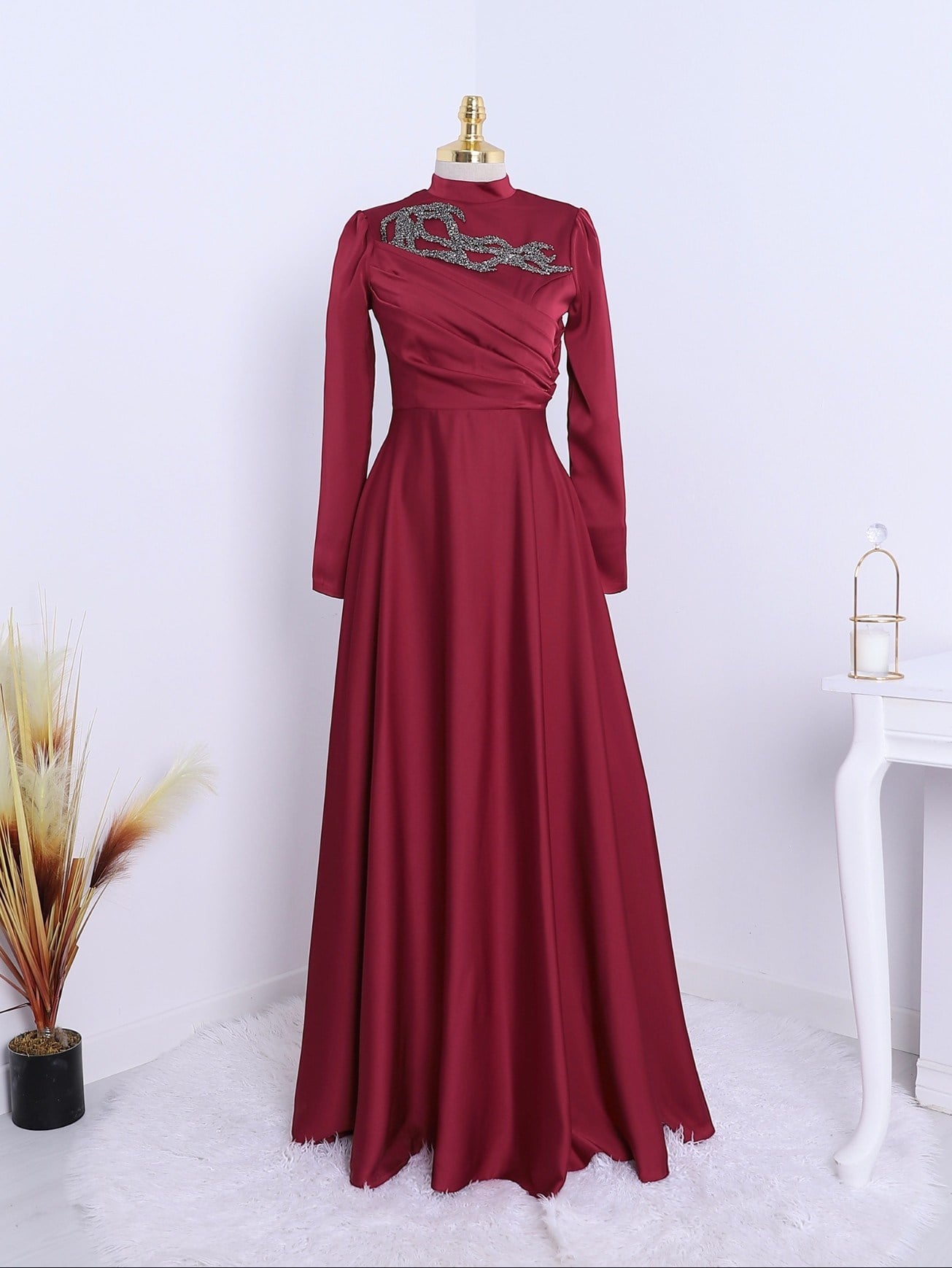 Yakası Taşlı Önü Drapeli  Abiye -Bordo