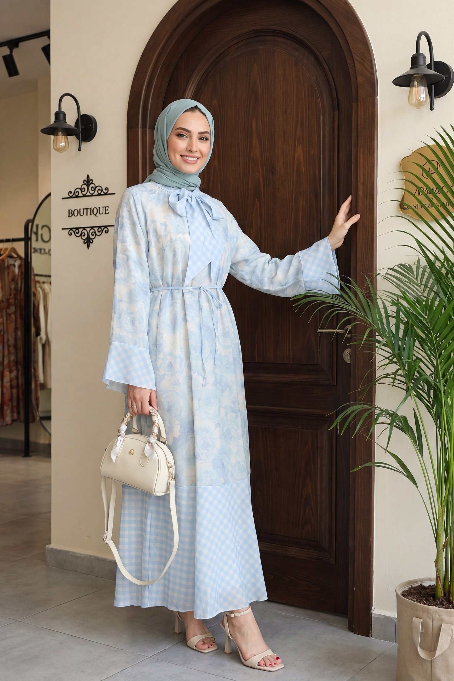 Yakası ve beli bağlamalı desenli astarlı şifon elbise -Açık Mavi