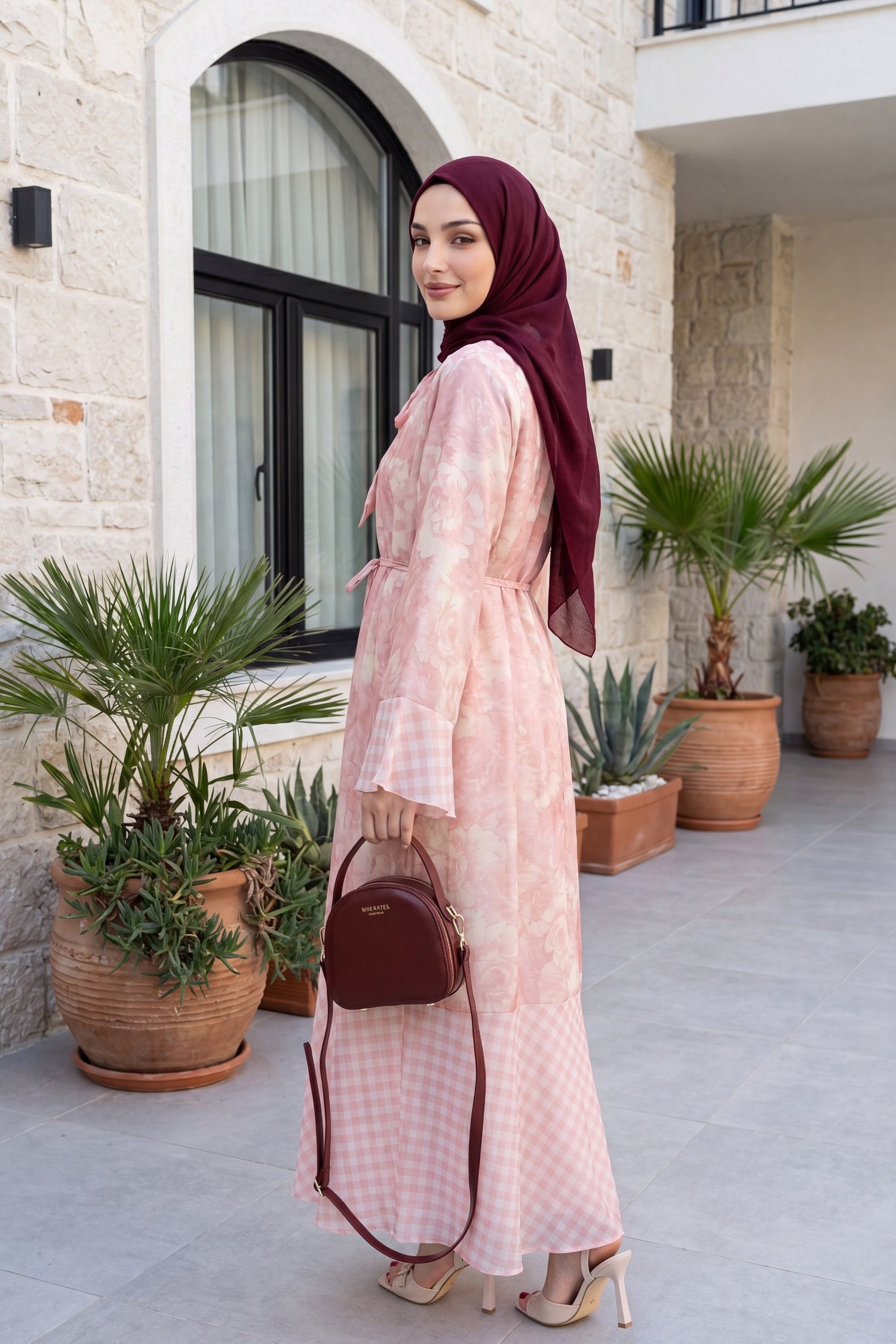 Yakası ve beli bağlamalı desenli astarlı şifon elbise -Somon