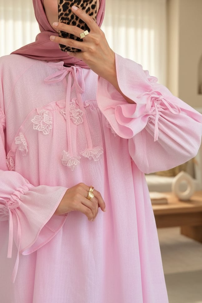 Yakası Ve Kolları Bağlamalı Önü Çiçek Detaylı Ham Keten Görünümlü Gömlek -Pembe
