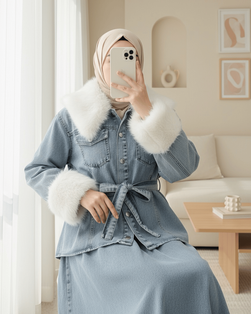 Yakası Ve Kolları Kürklü Beli Kuşaklı Bebe Yaka Kot Takım -Buz Mavi