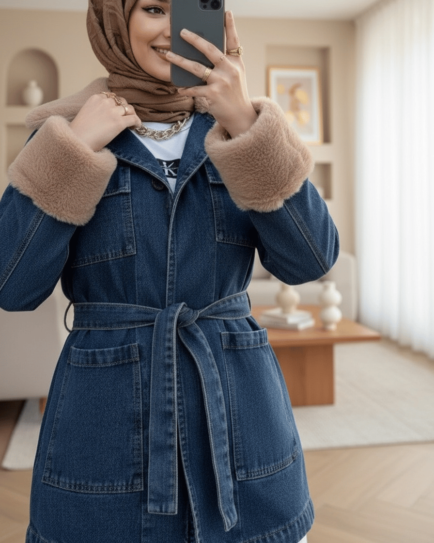 Yakası Ve Kolu Kürklü Önü Bağlamalı Cepli Kot Ceket -İndigo