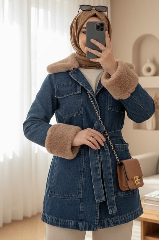 Yakası Ve Kolu Kürklü Önü Bağlamalı Cepli Kot Ceket -İndigo