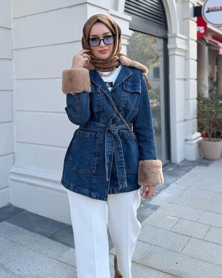 Yakası Ve Kolu Kürklü Önü Bağlamalı Cepli Kot Ceket -İndigo