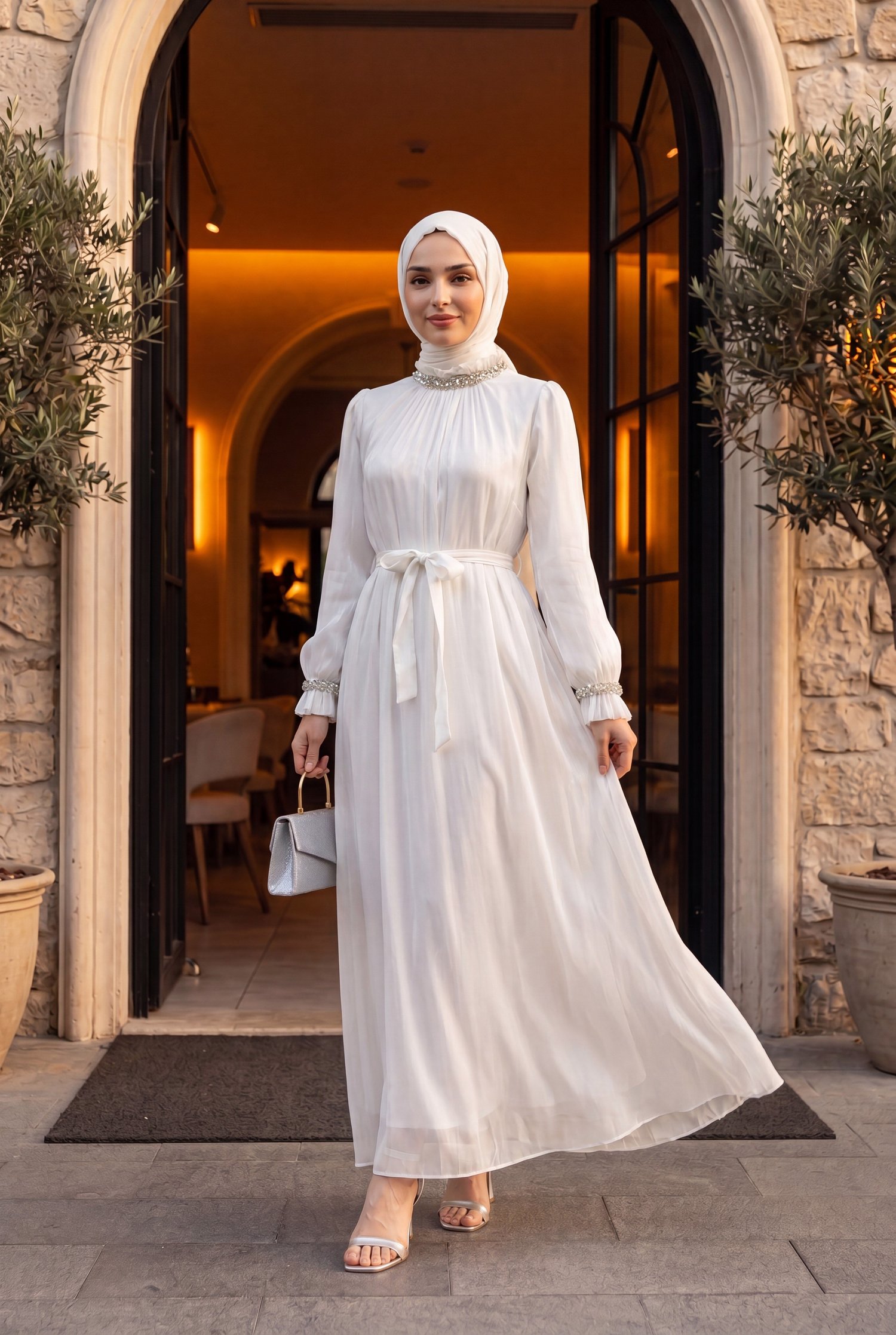 Yakası Ve Kolu Taşlı Kemerli Balon Kol Janjan Şifon Abiye -Beyaz