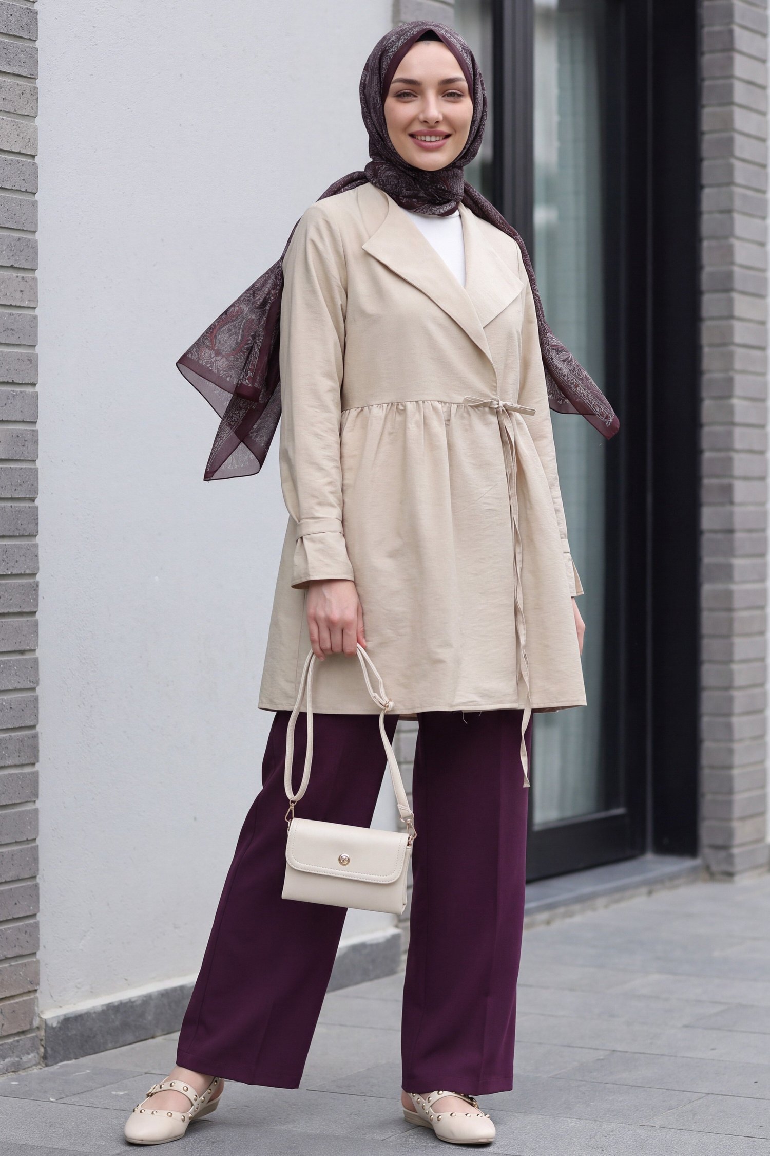 Yan Bağcıklı Kol Manşeti Yırtmaçlı Kimono -Bej
